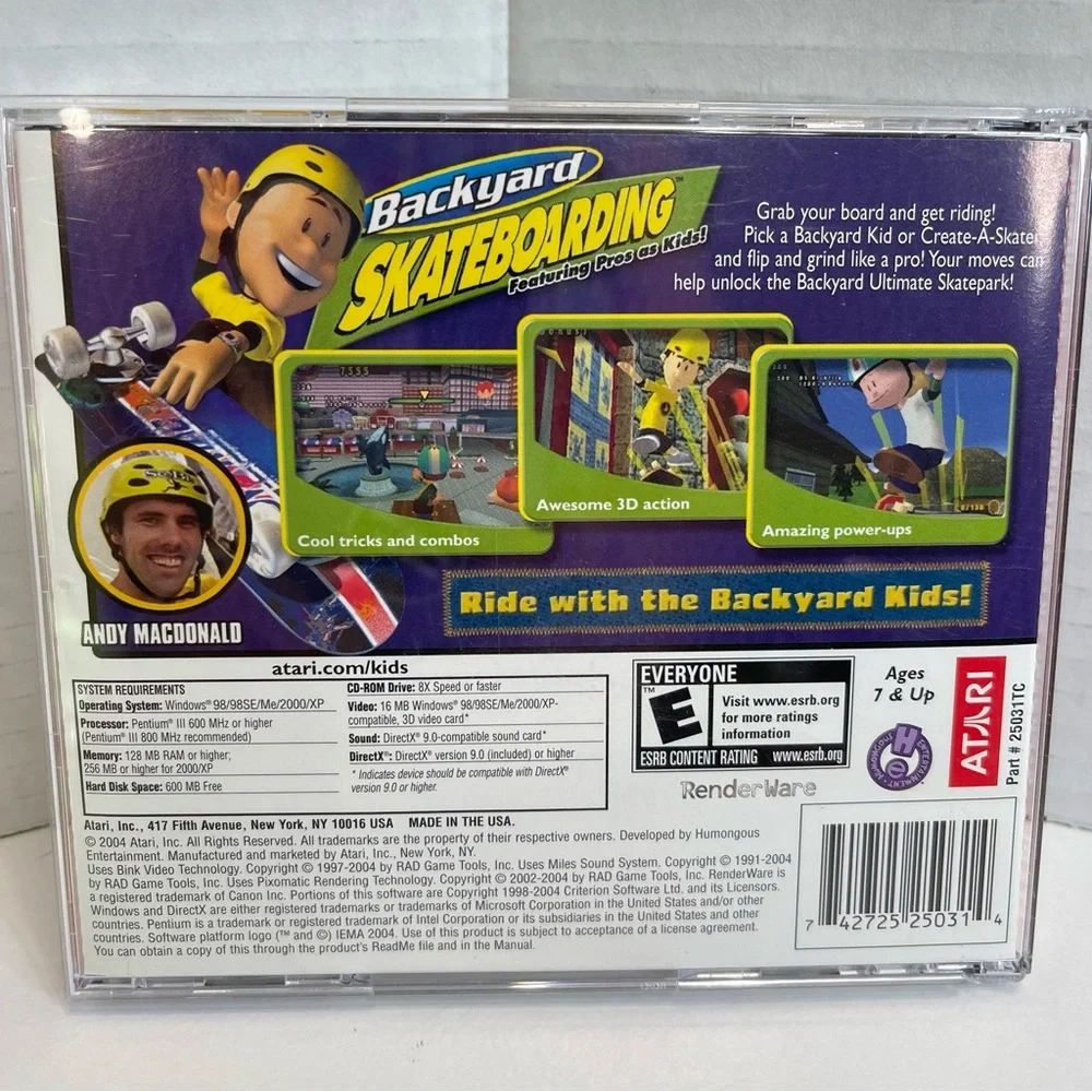 Atari Backyard Skateboarding Pros as Kids Andy McDonald PC CD-ROM Game Y2K VTG